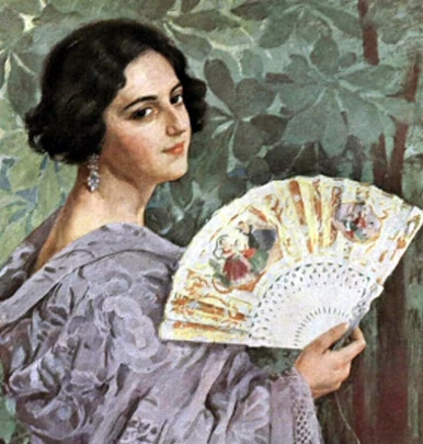 A women holding an unfurled hand fan